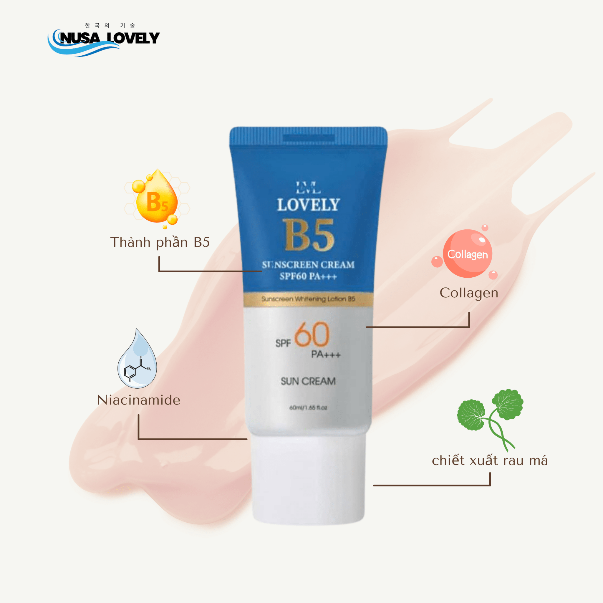 Kem Chống Nắng Nâng Tone Hồng B5 Lovely SPF60 PA+++ (60ml) - Nusa Lovely Việt Nam